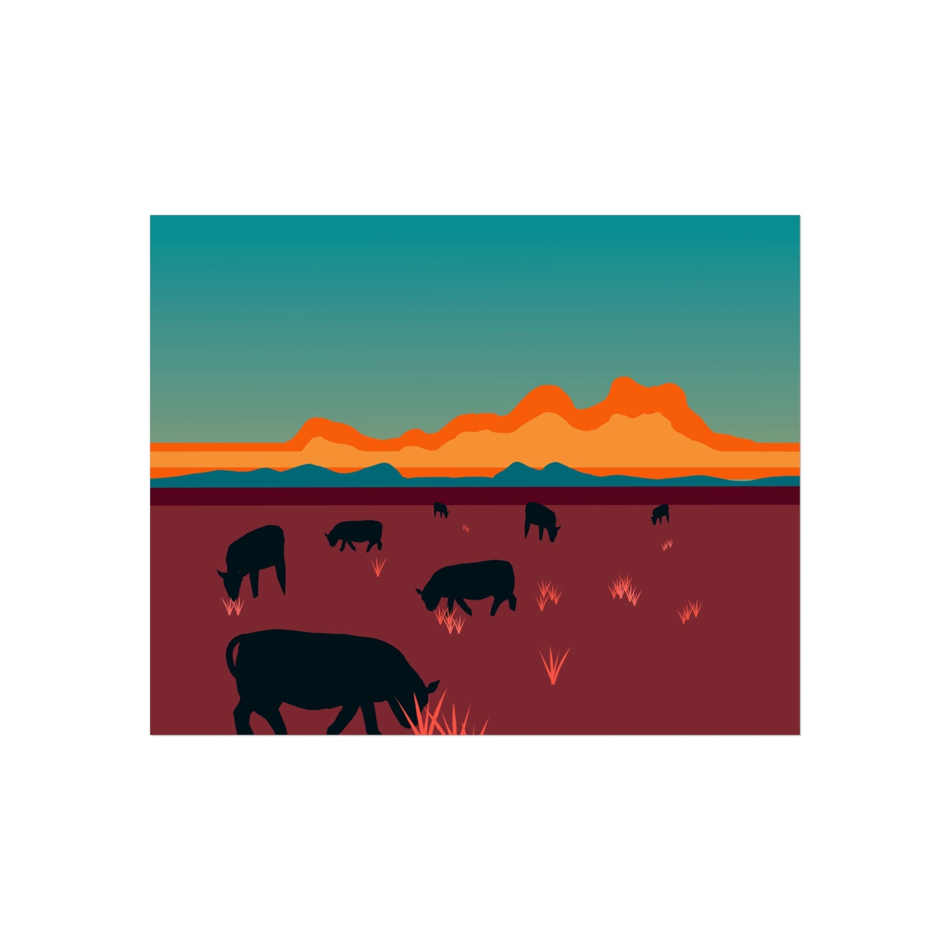 Cattle at Dusk Fine Art Poster | Rustic Home Decor, Cow Art Print, Nature Wall Art, Country Style Living Room, Gift for Animal Lovers